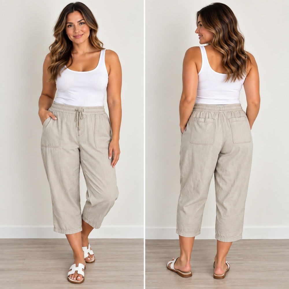 Old Navy Womens XL Linen Blend Cropped Drawstring Pants Oatmeal Beige Relaxed